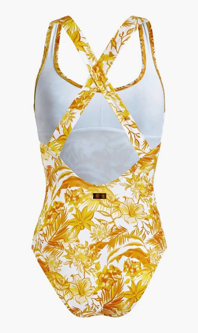 Tahiti Flowers Crossed Back Straps One Piece Swimsuit
