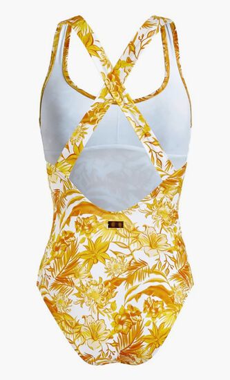 Tahiti Flowers Crossed Back Straps One Piece Swimsuit