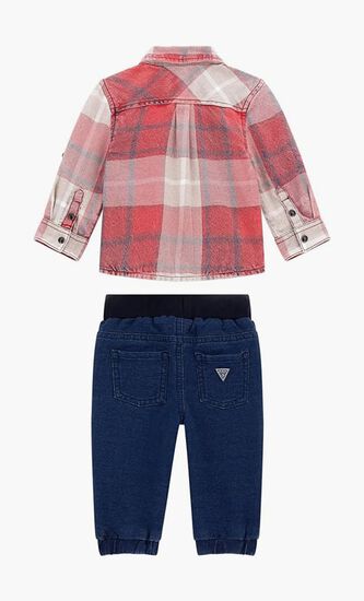 Flannel Plaid Shirt And Stretch Denim Set