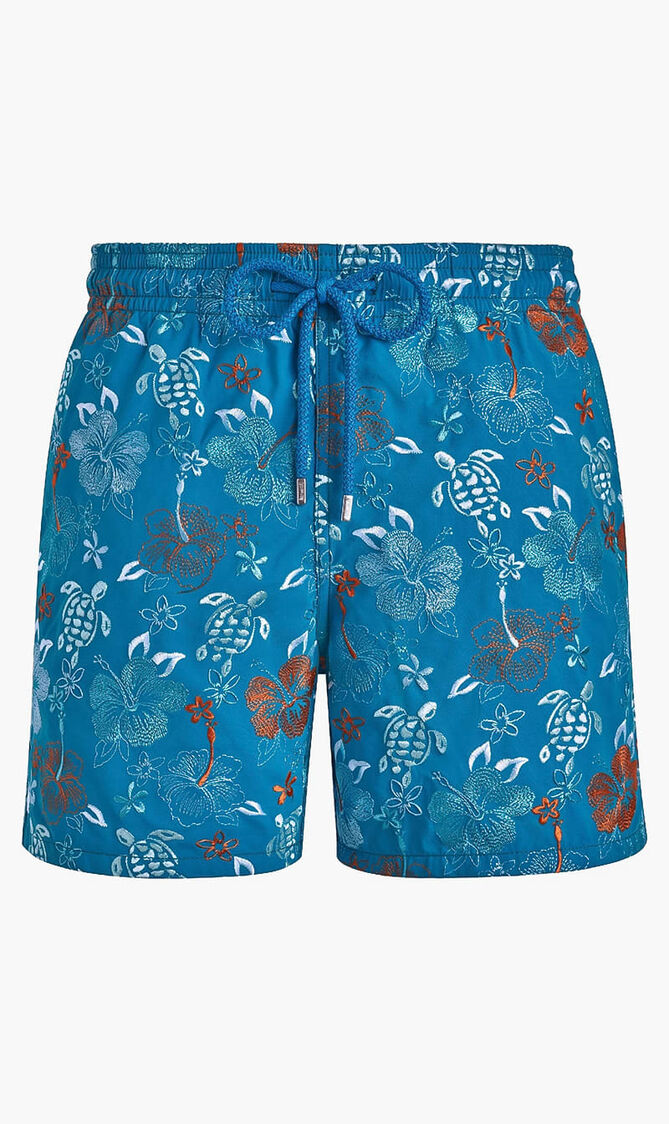 Embroidered Tropical Turtles Swim Shorts
