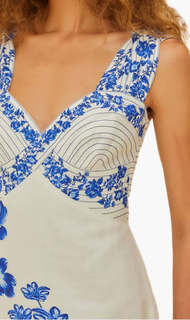 BLUE FLORAL CASCADE OFF WHITE WAVY SLEEVELESS MIDI