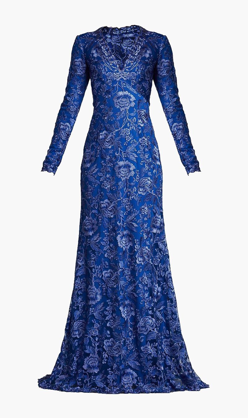 Buy TADASHI SHOJI Embroidered Lace V Neck Long Sleeve A Line Gown