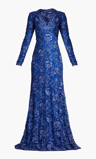 Embroidered Lace V-Neck Long Sleeve A-Line Gown