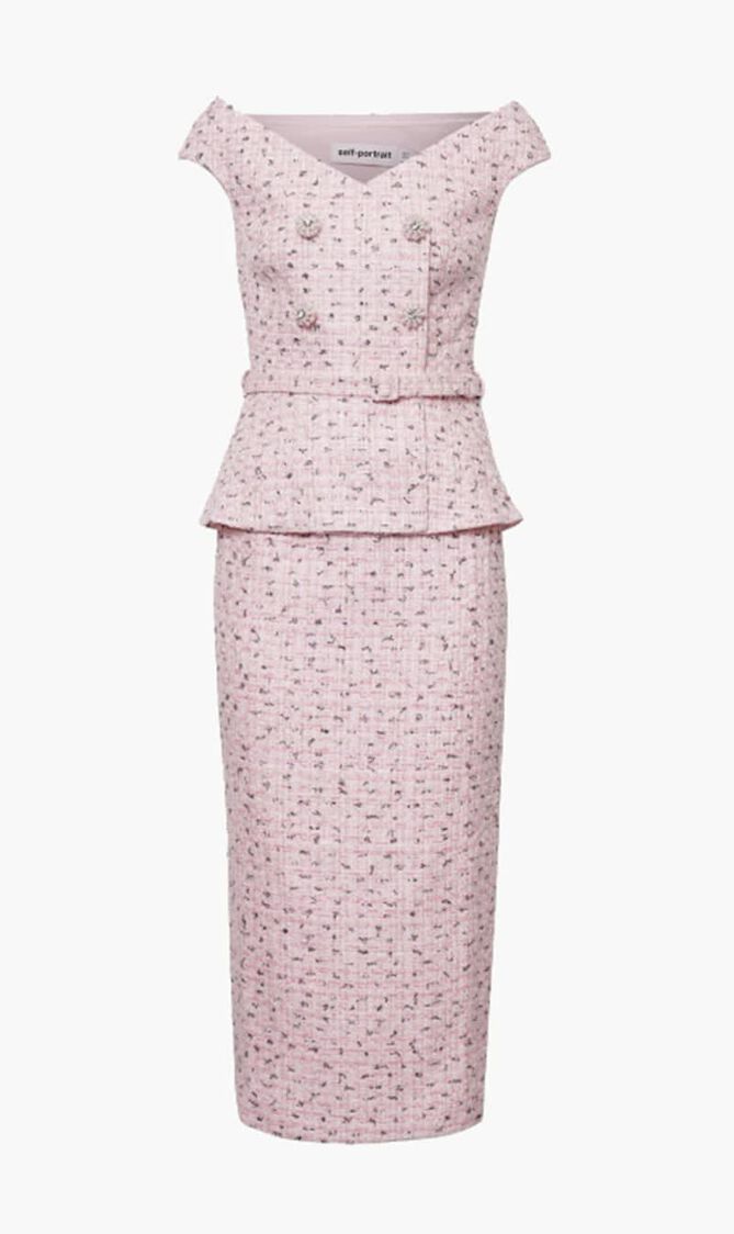 PINK BOUCLE PEARL MIDI DRESS