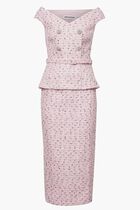 PINK BOUCLE PEARL MIDI DRESS