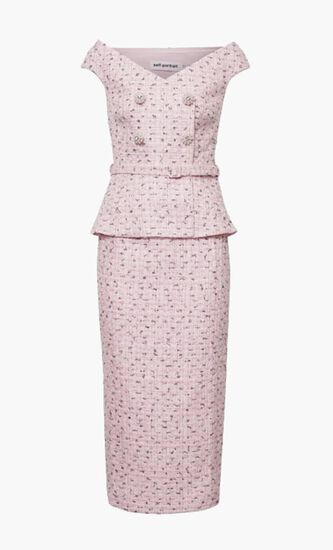 PINK BOUCLE PEARL MIDI DRESS