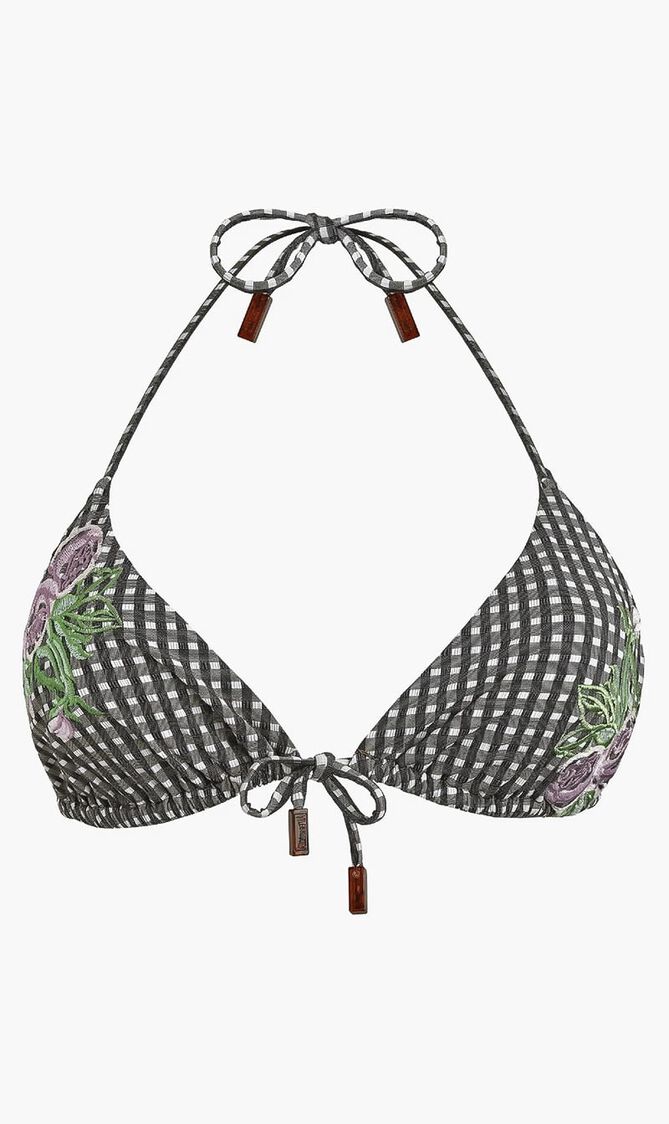 Check Embroidered Flowers Triangle Bikini Top