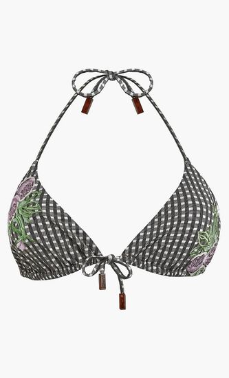 Check Embroidered Flowers Triangle Bikini Top