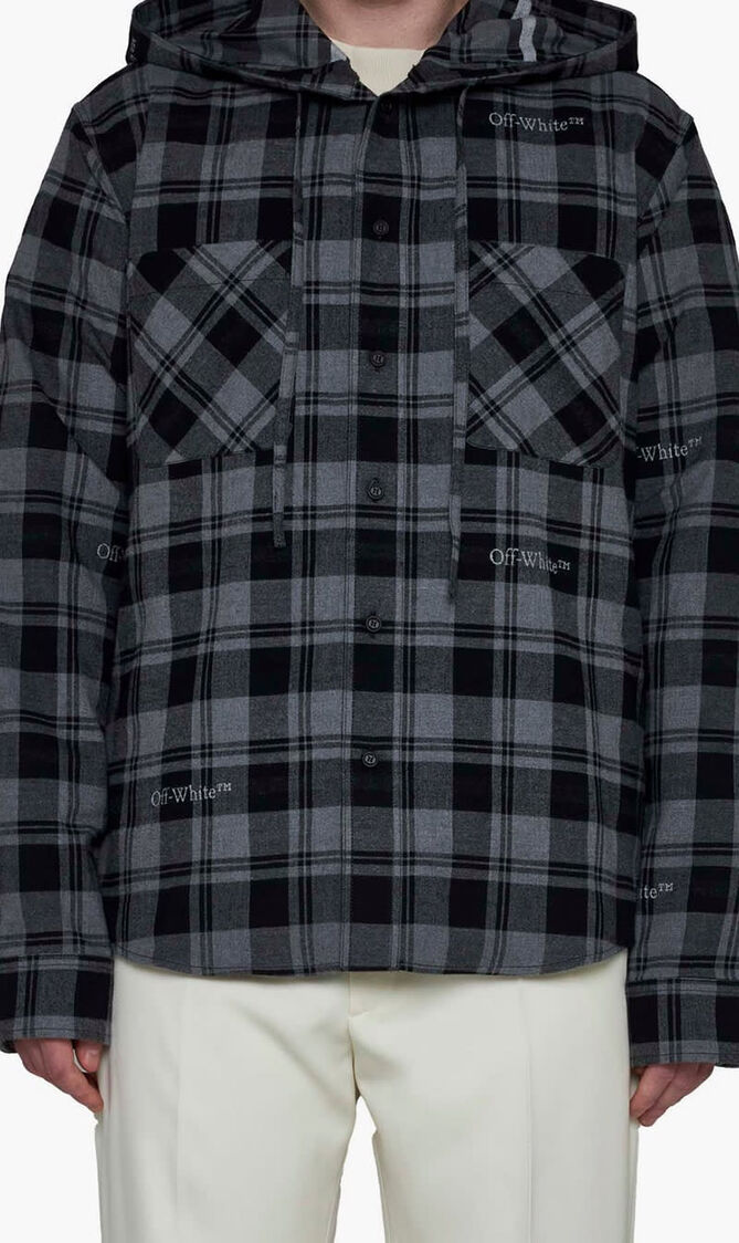 CHECK FLANN HOODED SHIRT DARK GREY BLACK