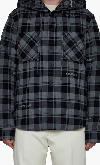 CHECK FLANN HOODED SHIRT DARK GREY BLACK