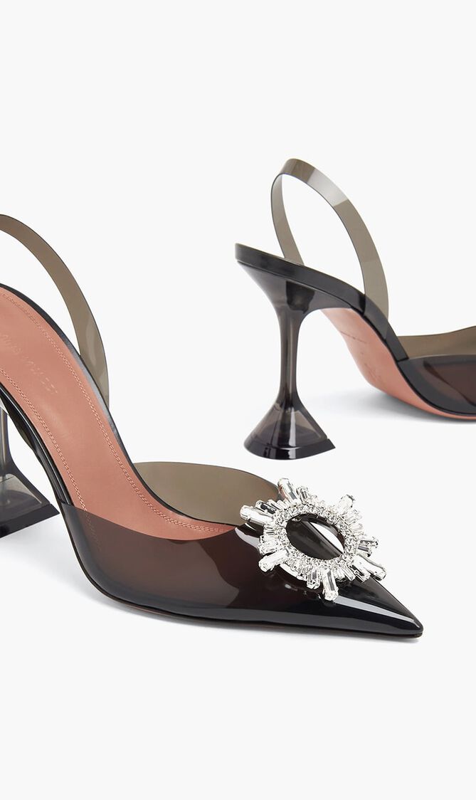 BEGUM GLASS SLING PRINTED PVC CAMO + BLACK DIAMOND CRYSTALS 95 MM CL PLEXI HEEL