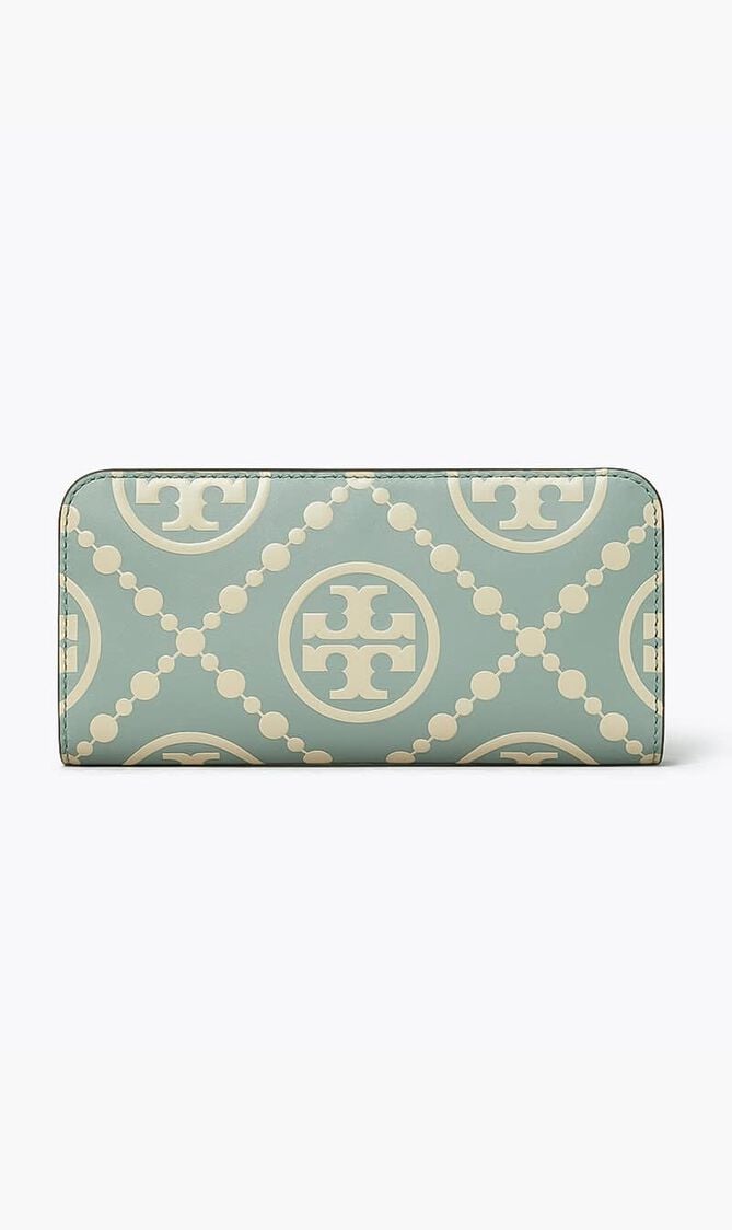 T MONOGRAM CONTRAST EMBOSSED ZIP SLIM WALLET