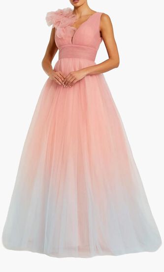 Ruffle Shoulder Ombre Tulle Ball Gown