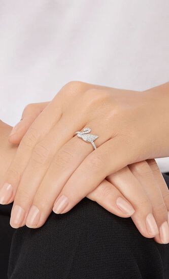 Dancing Swan Ring, White, Rhodium Plated