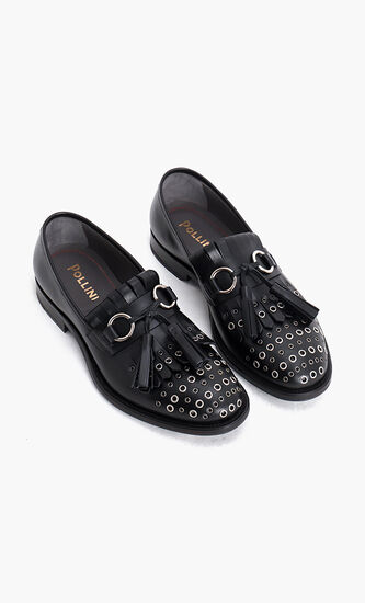 Metal Eyelet Leather Loafers