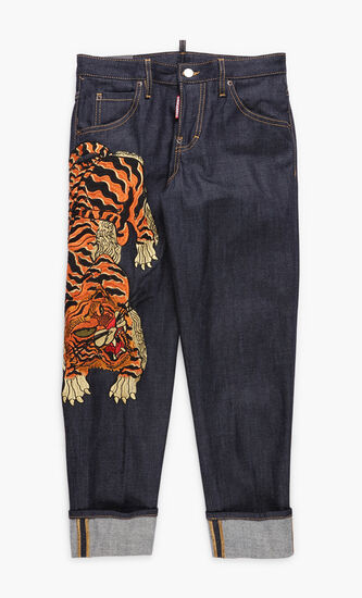 Tiger Embroidery Dark Hockney Jeans