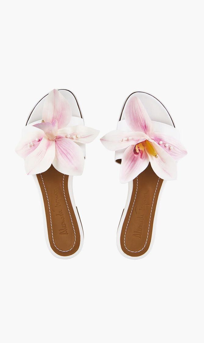 FLOWER WHITE LEATHER SLIDES