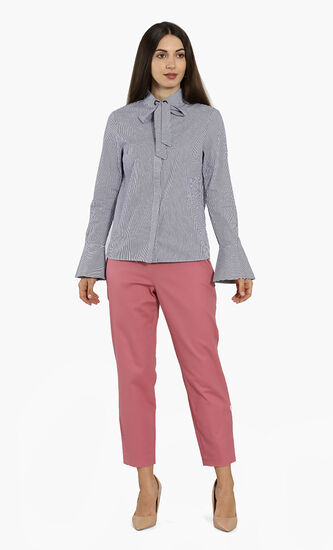 Stripes Flared Cuff Pussycat Bow Blouse