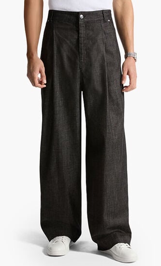 Pleated Chambray Wide-Leg Jeans