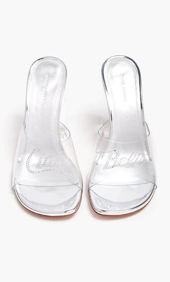 Bella Glass Slipper Pvc Transparent + White Crystals 95 Mm Block Plexi Heel