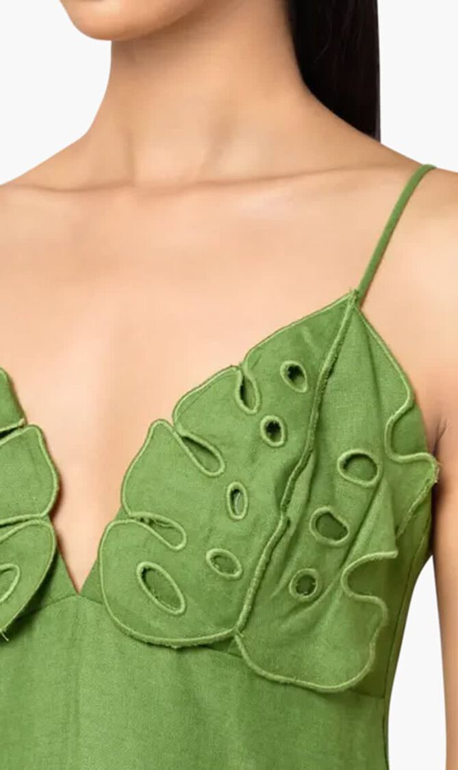 GREEN MONSTERA EMBROIDERY MIDI DRESS