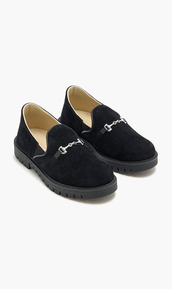 METALLIC BUCKLE EMBELLISHED SUEDE LEATHER LOAFERS