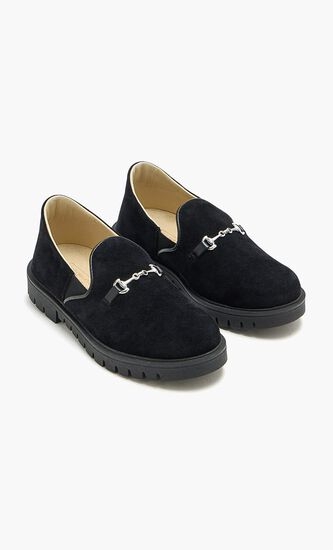 METALLIC BUCKLE EMBELLISHED SUEDE LEATHER LOAFERS