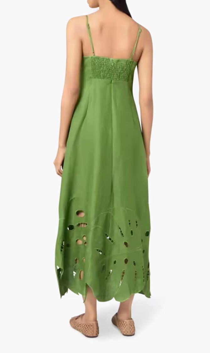 GREEN MONSTERA EMBROIDERY MIDI DRESS