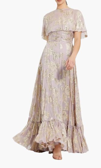 Floral High Neck Cape Sleeve A Line Gown