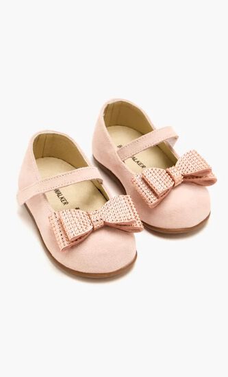 Handmade Velvet Bow With Strassed Buckle Decorated Single Strap Velcro Ballerinas