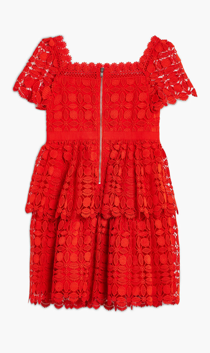RED PETAL LACE TIERED MINI DRESS