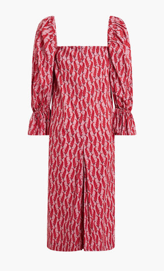 LONG RED DRESS WITH DARK RED FEATHER MOTIF. PUFFED MID-LENGHT SLEEVES AND SQUARE COLLAR.