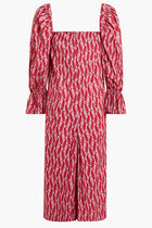 LONG RED DRESS WITH DARK RED FEATHER MOTIF. PUFFED MID-LENGHT SLEEVES AND SQUARE COLLAR. LONG RED DRESS WITH DARK RED FEATHER MOTIF. PUFFED MID-LENGHT SLEEVES AND SQUARE COLLAR.