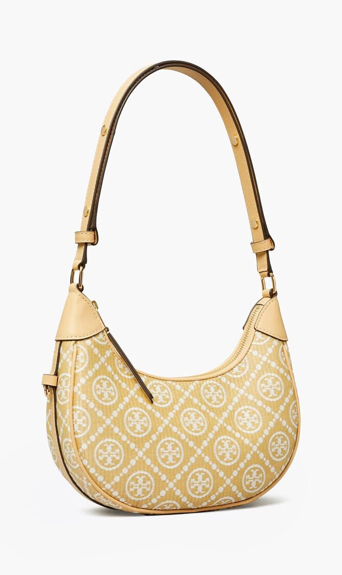 T Monogram Raffia Crescent Bag