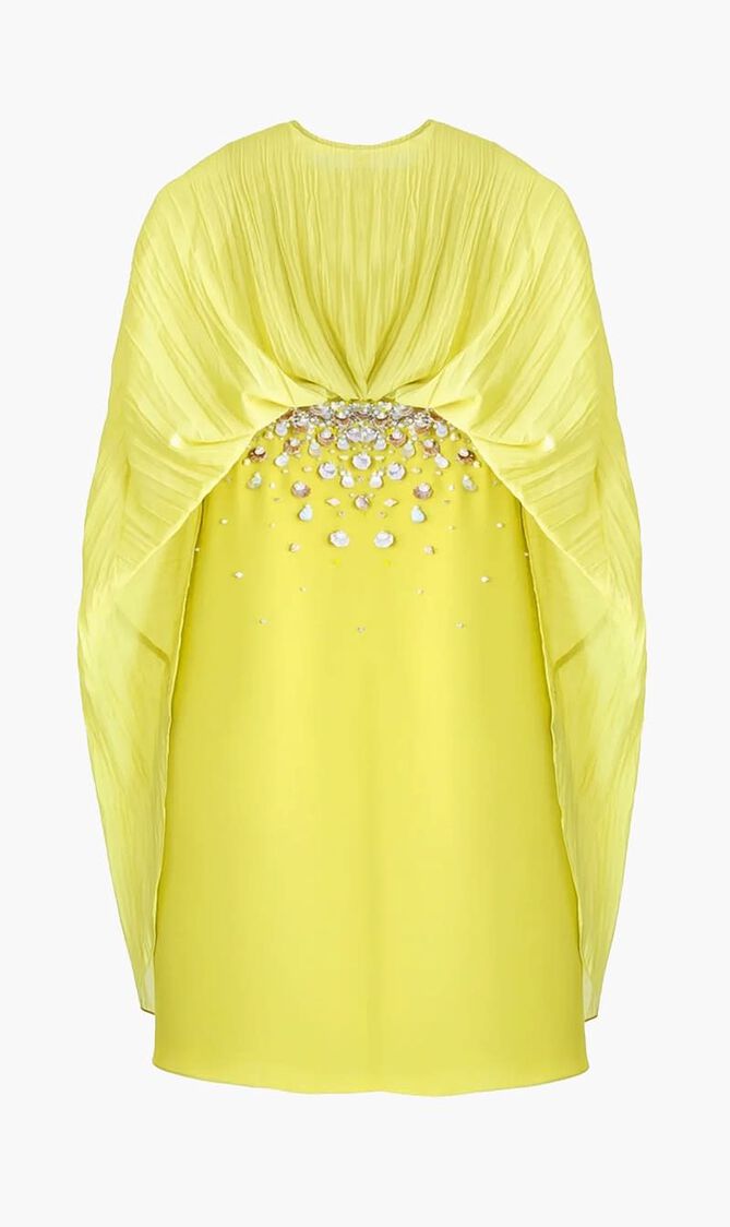 CAPE PLEATED DRESS HIGHLIGHTED WITH EMBELLISHMENT ON THE FRONT