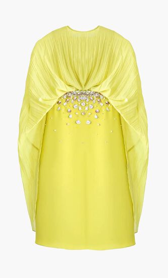 CAPE PLEATED DRESS HIGHLIGHTED WITH EMBELLISHMENT ON THE FRONT