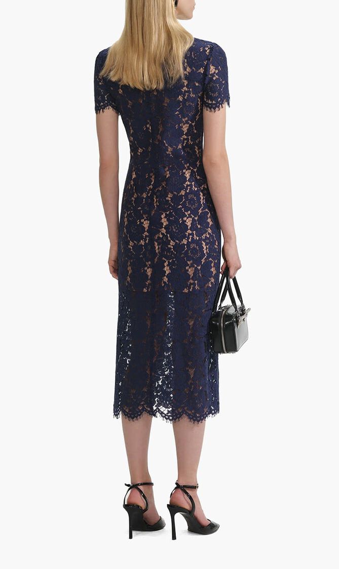 NAVY LACE CONTRAST COLLAR MIDI DRESS