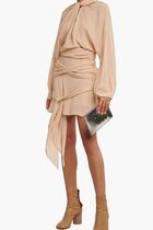 Draped long-sleeved silk dress