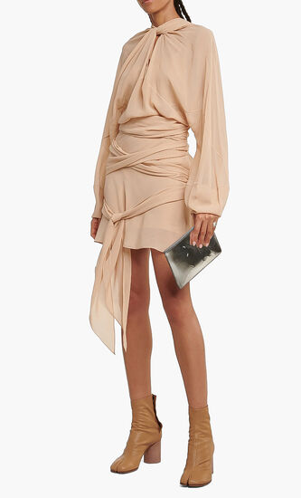 Draped long-sleeved silk dress