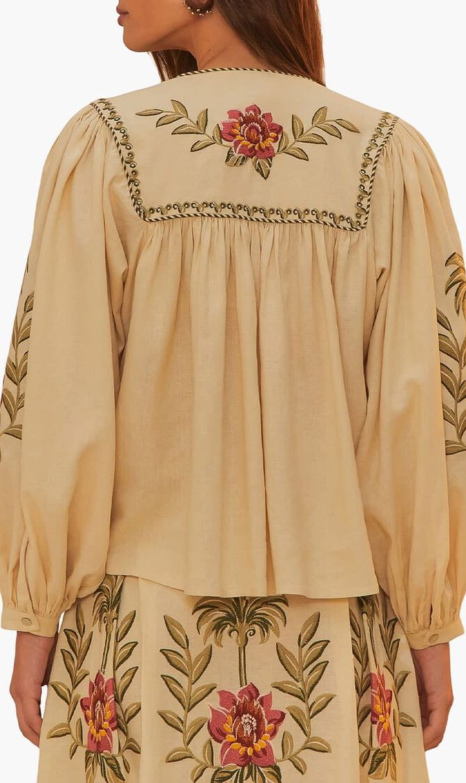 Tropical Flower Embroidered Sleeve Blouse