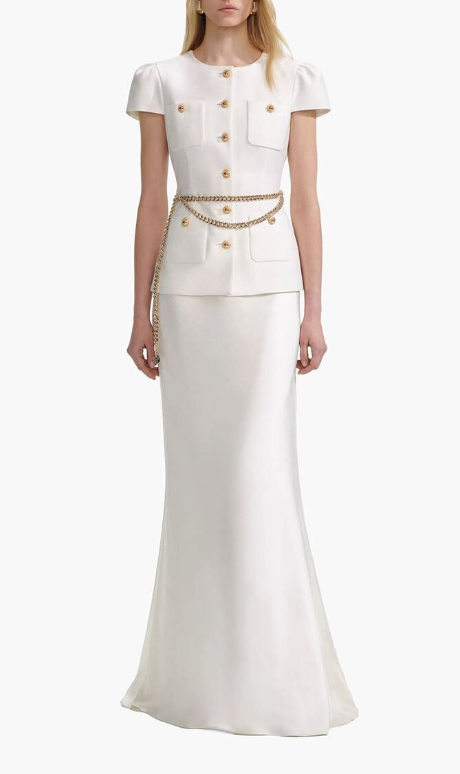 CREAM TAFFETA CHAIN BELT MAXI DRESS