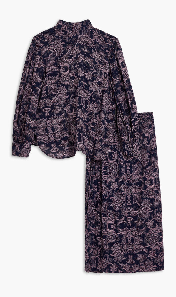 DARK BLUE FUNNEL NECK TOP WITH LIGHT PURPLE MOTIF AND LONG PUFFED SLEEVES