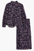 DARK BLUE FUNNEL NECK TOP WITH LIGHT PURPLE MOTIF AND LONG PUFFED SLEEVES