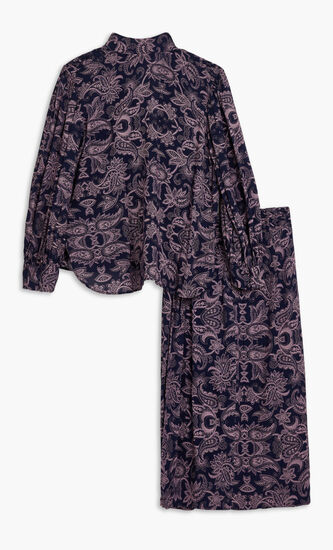 DARK BLUE FUNNEL NECK TOP WITH LIGHT PURPLE MOTIF AND LONG PUFFED SLEEVES
