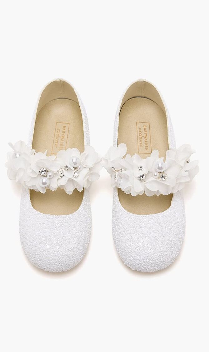 SINGLE STRAP VELCRO FLOWERS PEARLS SWAROVSKI CRYSTALS EMBELLISHED GLITTER FABRIC BALLERINAS