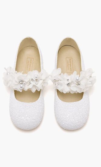 SINGLE STRAP VELCRO FLOWERS PEARLS SWAROVSKI CRYSTALS EMBELLISHED GLITTER FABRIC BALLERINAS