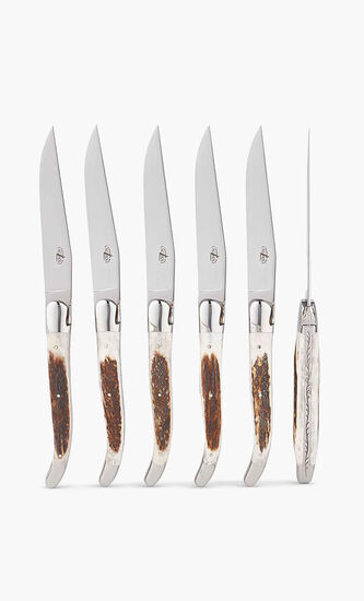 طقم من سكاكين المائدة بمقابض من قرون الغزال - 6 سكاكين