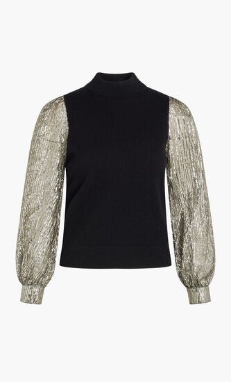 CRINKLE STRIPE LAME SLEEVE SWEATER