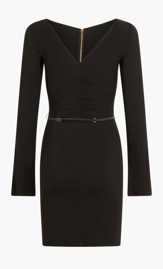DRESS MINI LS BELTED ZIP RUCHED GEORGETTE SOLID