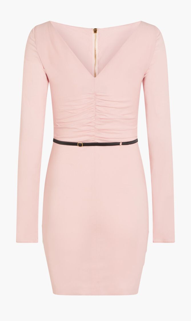 DRESS MINI LS BELTED ZIP RUCHED GEORGETTE SOLID